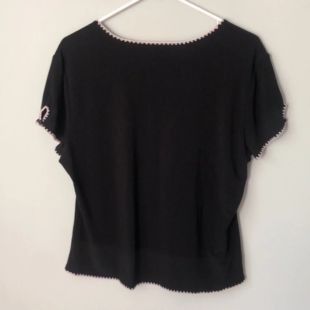 Oscar De La Renta embroidered black white keyhole short sleeve top - Picture 4 of 4